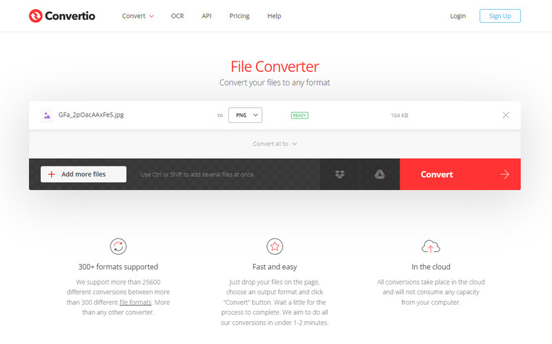 Интерфейс Convertio с загрузкой файла и выбором выходного формата