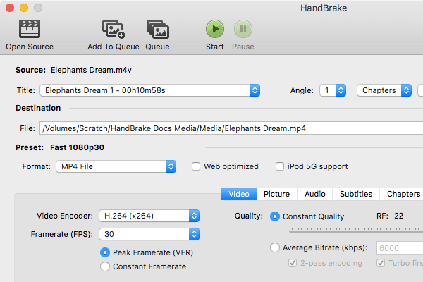 Область Video Encoder и параметров видео в HandBrake
