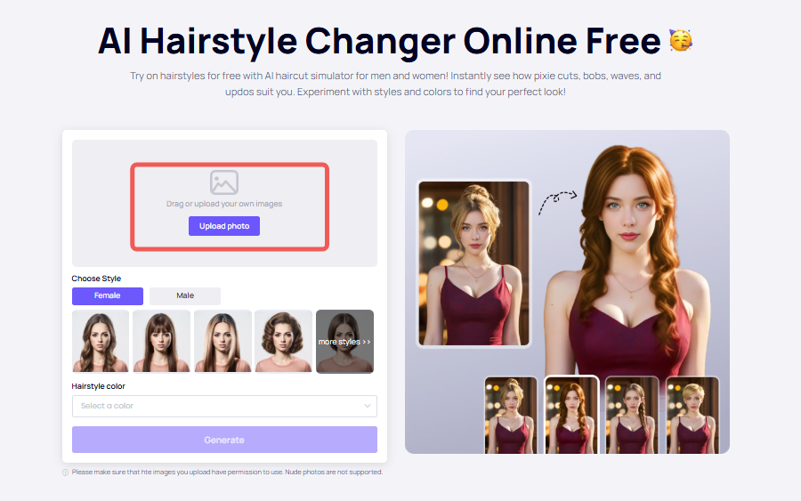 Интерфейс iFoto Hair Color Changer для примерки или изменения цвета волос