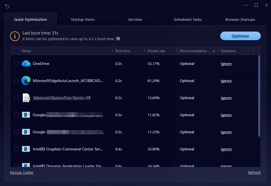Startup Optimizer в Advanced SystemCare с вкладками Quick optimization, Startup Items, Services, Scheduled Tasks и Browser Startups