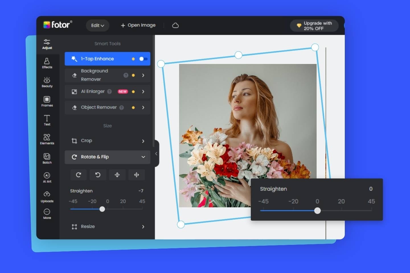 Fotor: интерфейс Rotate & Flip с ползунком выравнивания фотографии