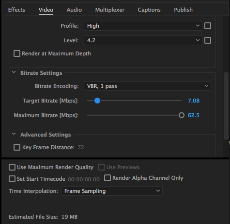 Настройки битрейта в Adobe Media Encoder: VBR, Target Bitrate и Maximum Bitrate