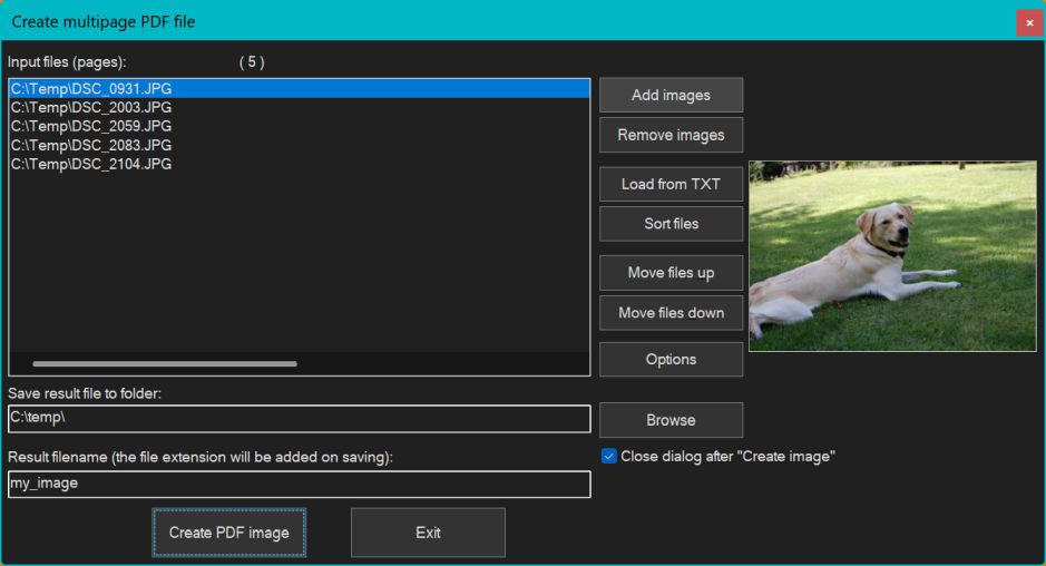 Окно Create multipage PDF file в IrfanView