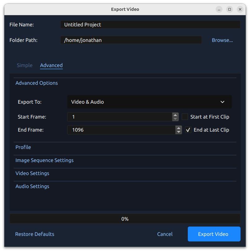 Расширенные настройки экспорта OpenShot с выбором типа результата