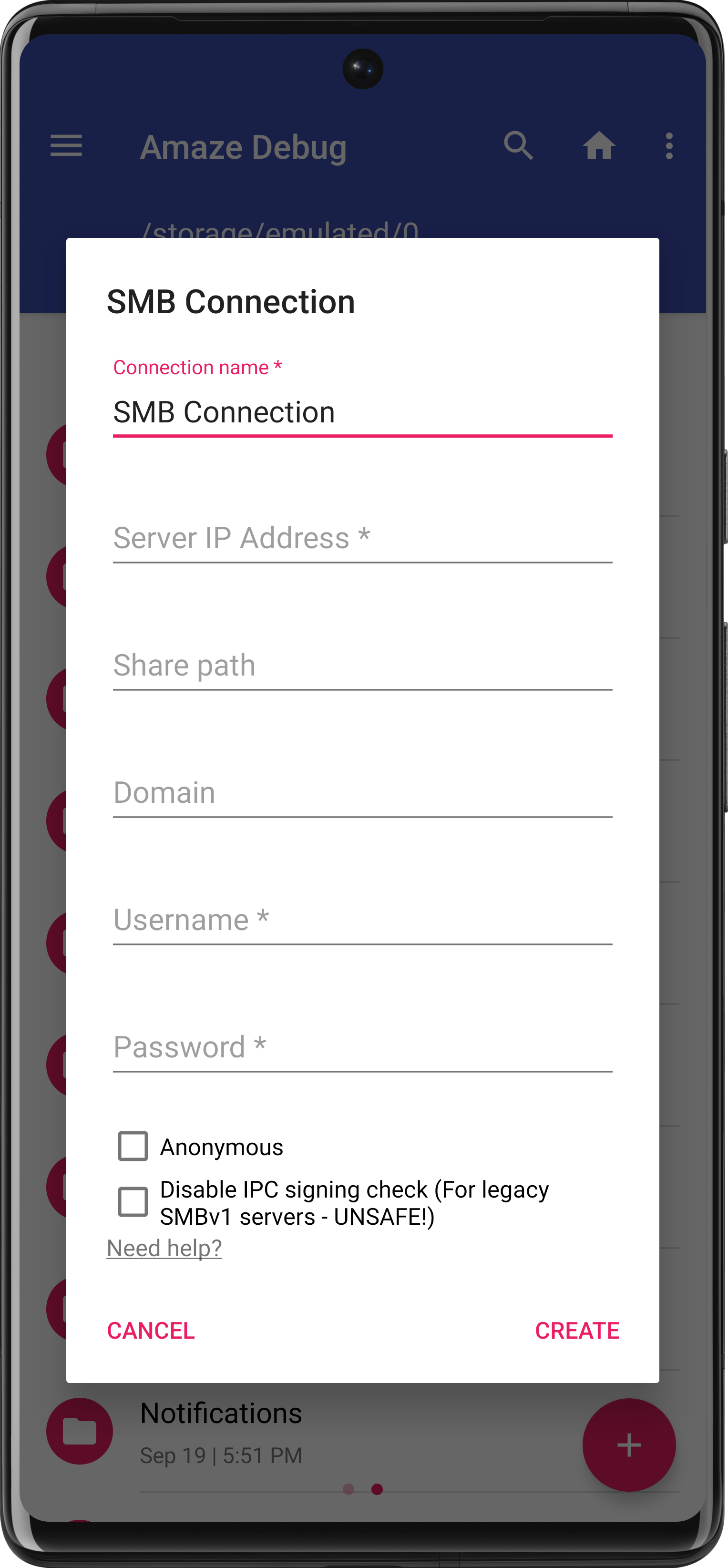 SMB Connection в Amaze File Manager