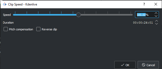 Диалог Change Speed в Kdenlive
