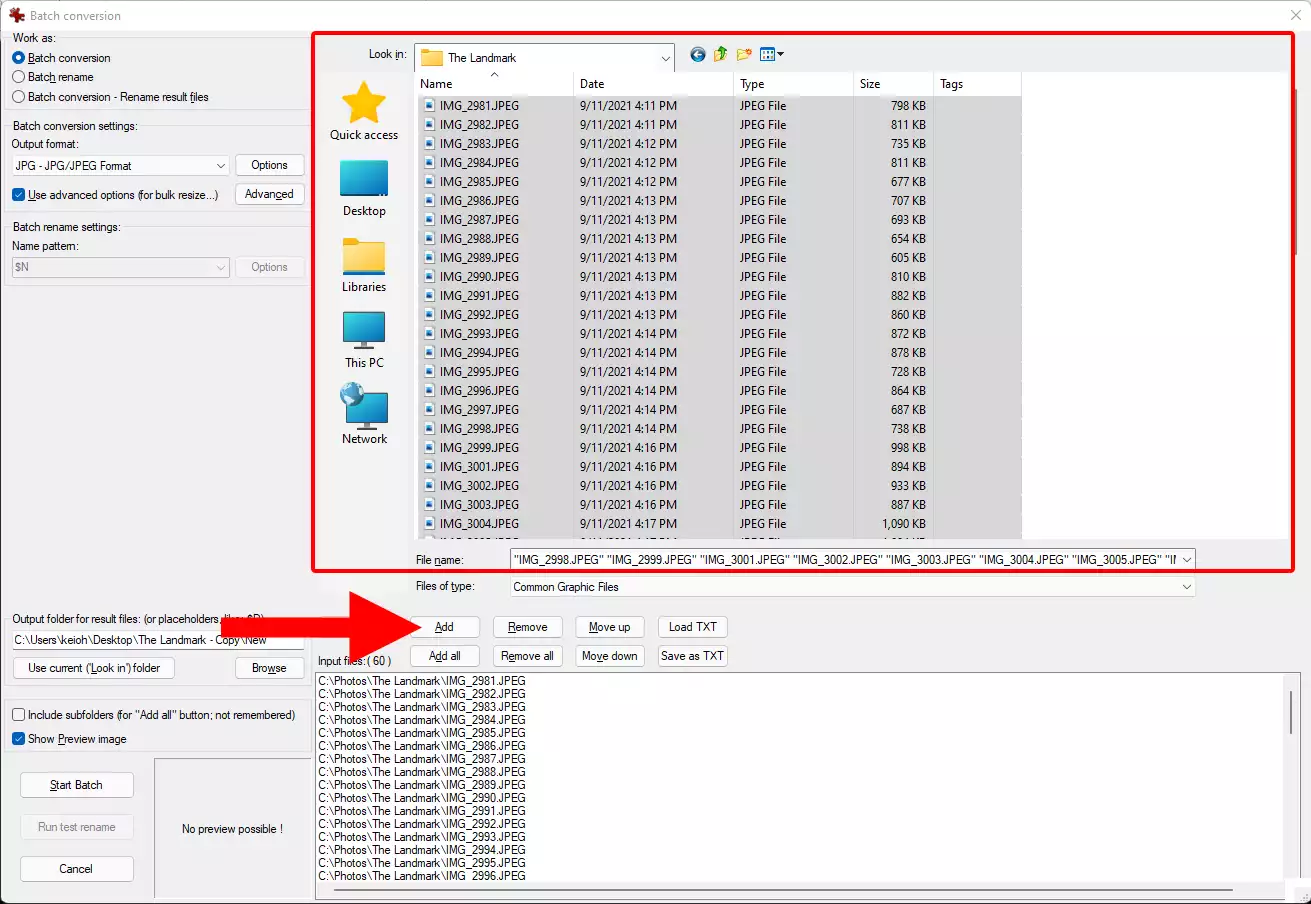 Окно Batch conversion IrfanView с выбором JPG и папки результата