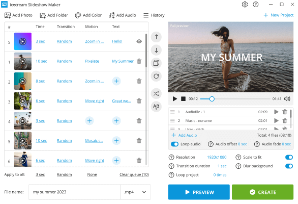 Главное окно Icecream Slideshow Maker с очередью слайдов, предпросмотром, аудиоплейлистом и кнопками Preview / Create