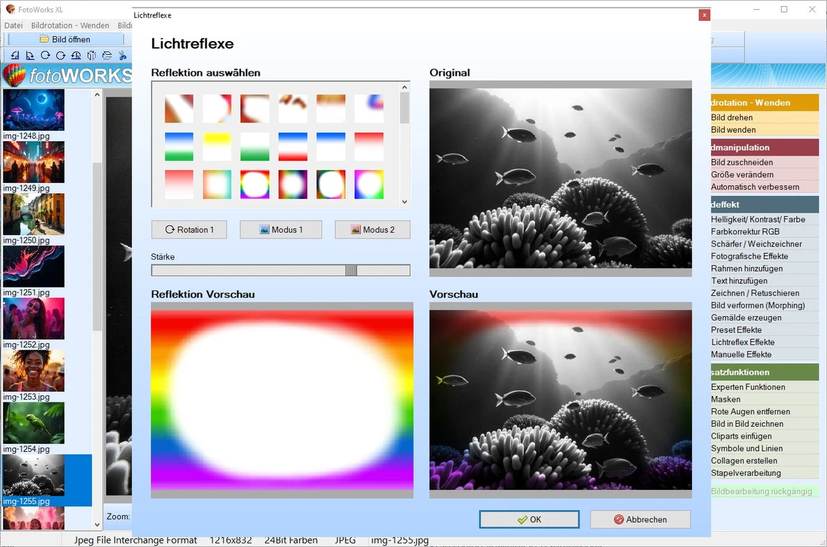 Окно FotoWorks XL с настройкой световых эффектов Lichtreflexe