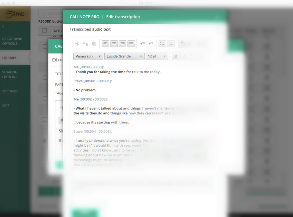 Окно Edit Transcription в Callnote Pro