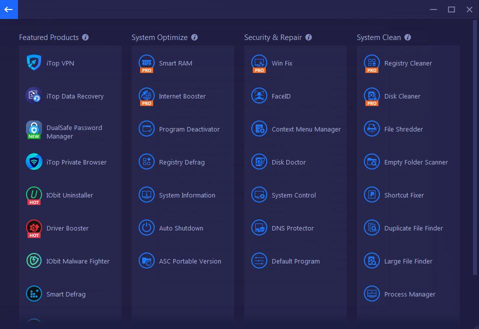 Toolbox в Advanced SystemCare с группами Featured Products, System Optimize, Security & Repair и System Clean