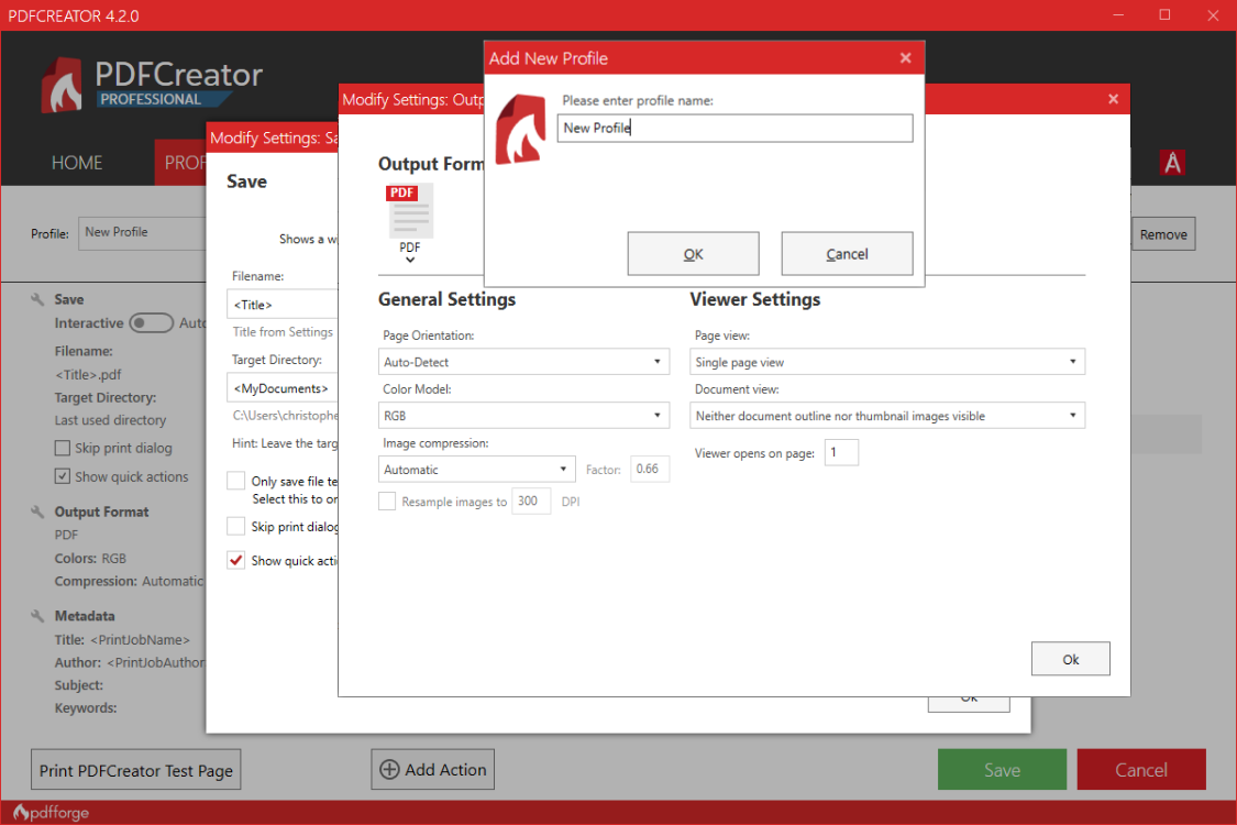 Окно Add New Profile в PDFCreator при создании нового профиля