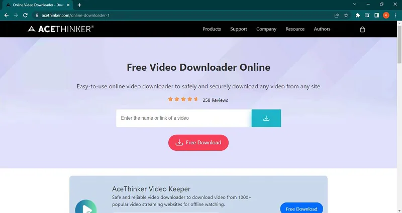 Поле ссылки в AceThinker Free Online Video Downloader