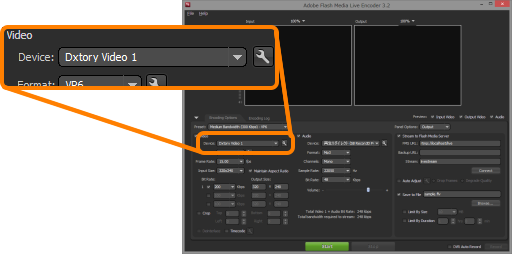 Dxtory DirectShow Output как видеоустройство Dxtory Video 1 в программе для вещания