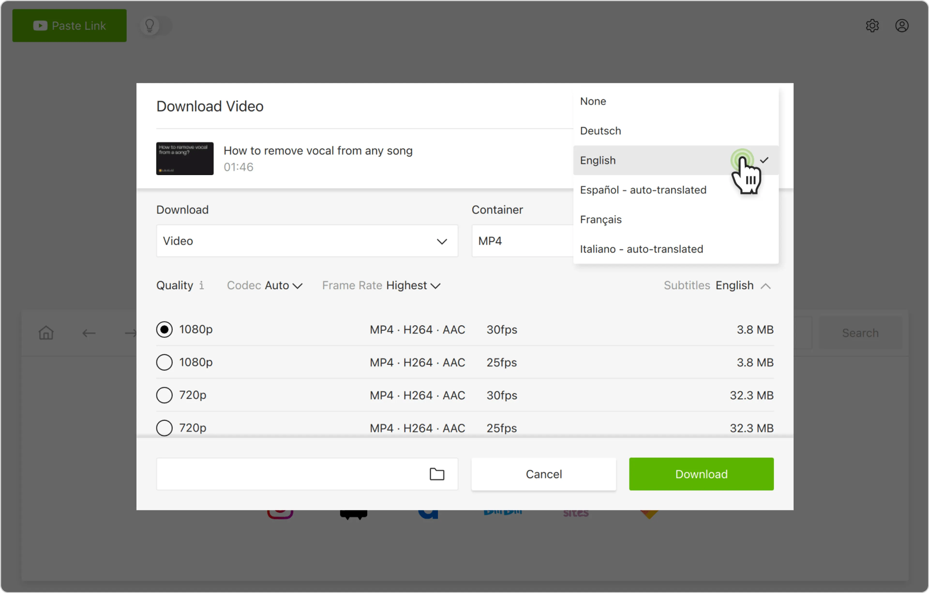 Выбор языка субтитров в 4K Video Downloader Plus
