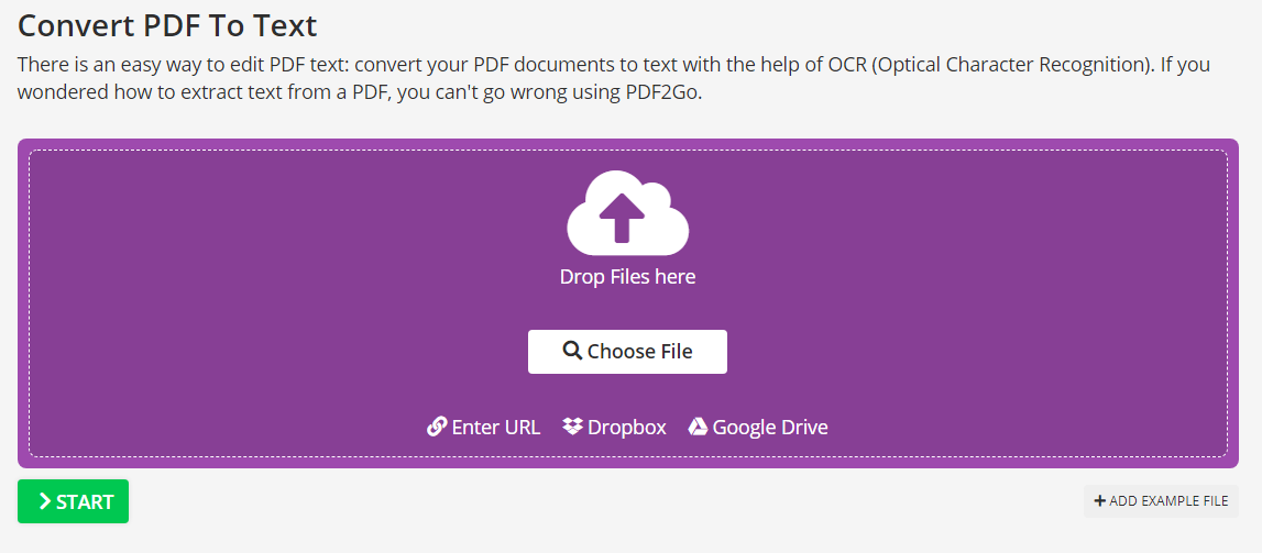 Интерфейс PDF2Go для PDF в TXT