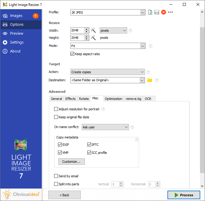 Вкладка Misc в Light Image Resizer 7 с настройками даты файла, конфликтов имён и метаданных EXIF, IPTC, XMP, ICC profile