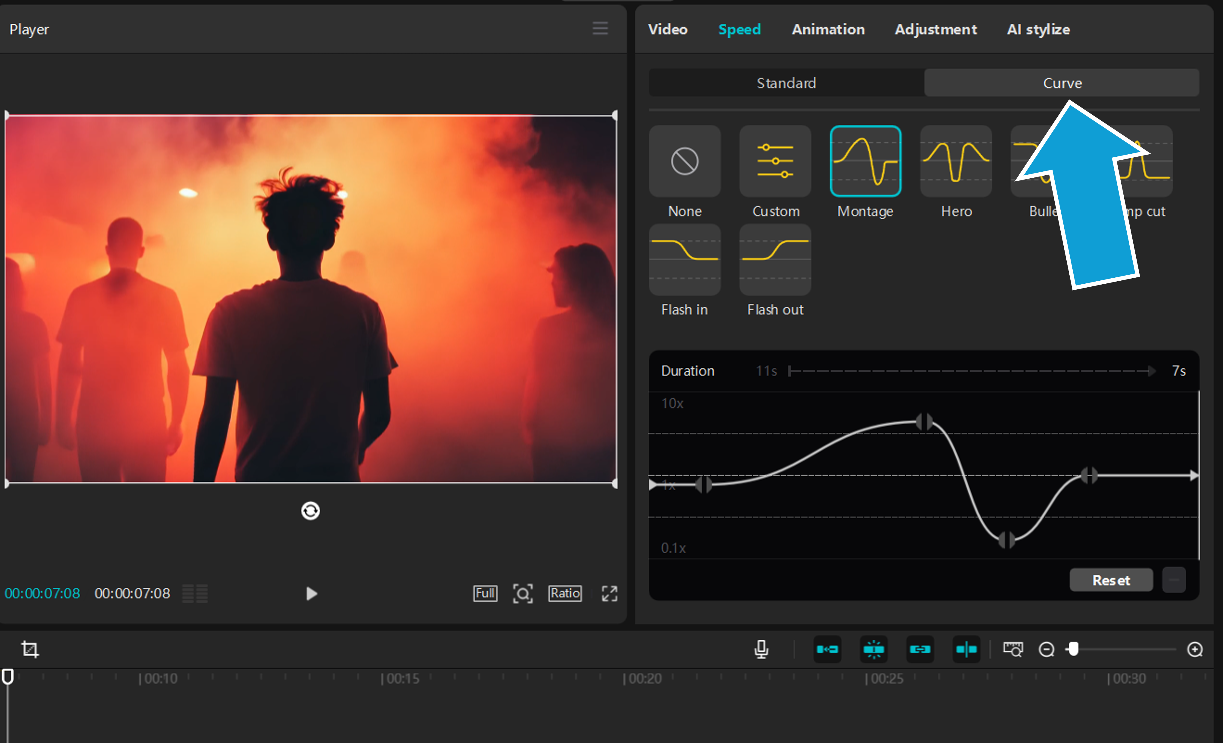 CapCut Desktop: режим Curve, пресеты и график пользовательской кривой скорости