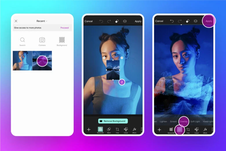 Размещение второго изображения и выбор Blend в PicsArt