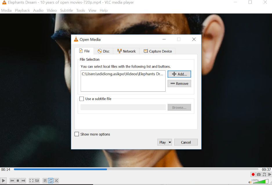 Окно Open Media в VLC media player