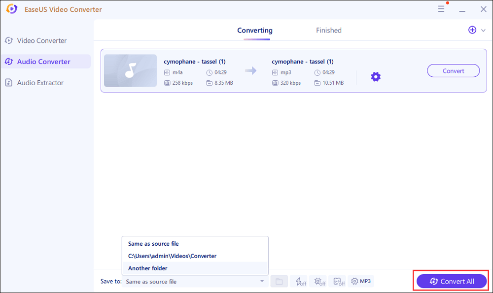 Кнопка Convert All и выбор папки результата в EaseUS Video Converter