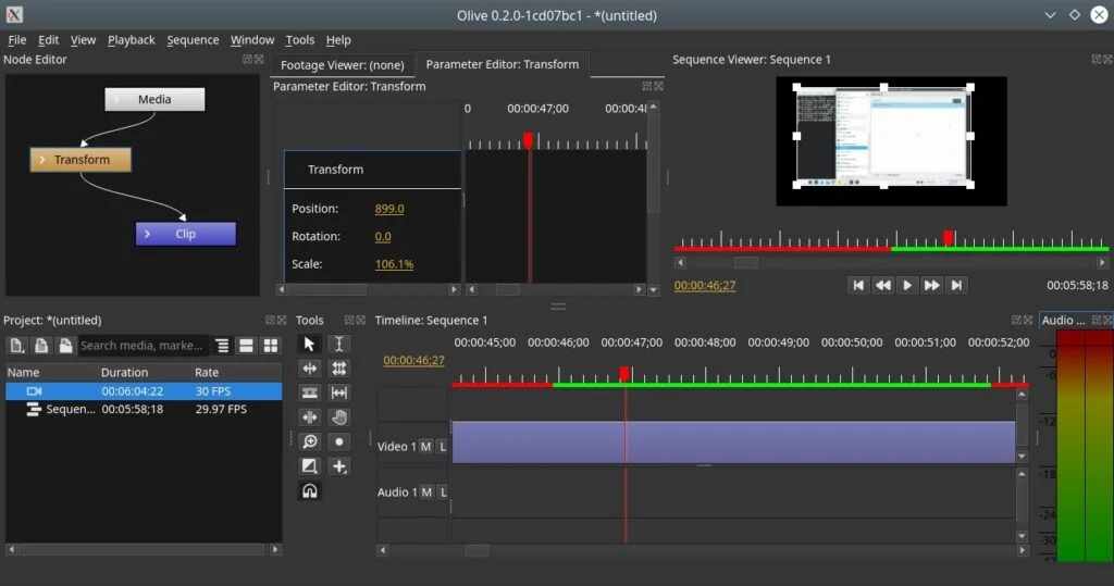 Рабочее окно Olive 0.2 в тёмной теме с Transform, Parameter Editor и Timeline