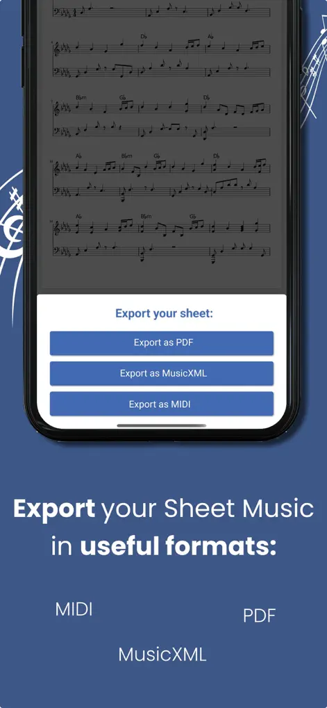 Piano2Notes: экран экспорта партитуры в PDF, MusicXML и MIDI