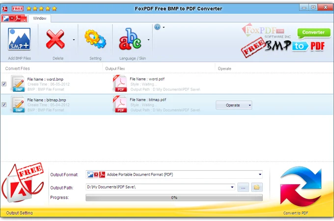 Окно FoxPDF Free BMP to PDF Converter