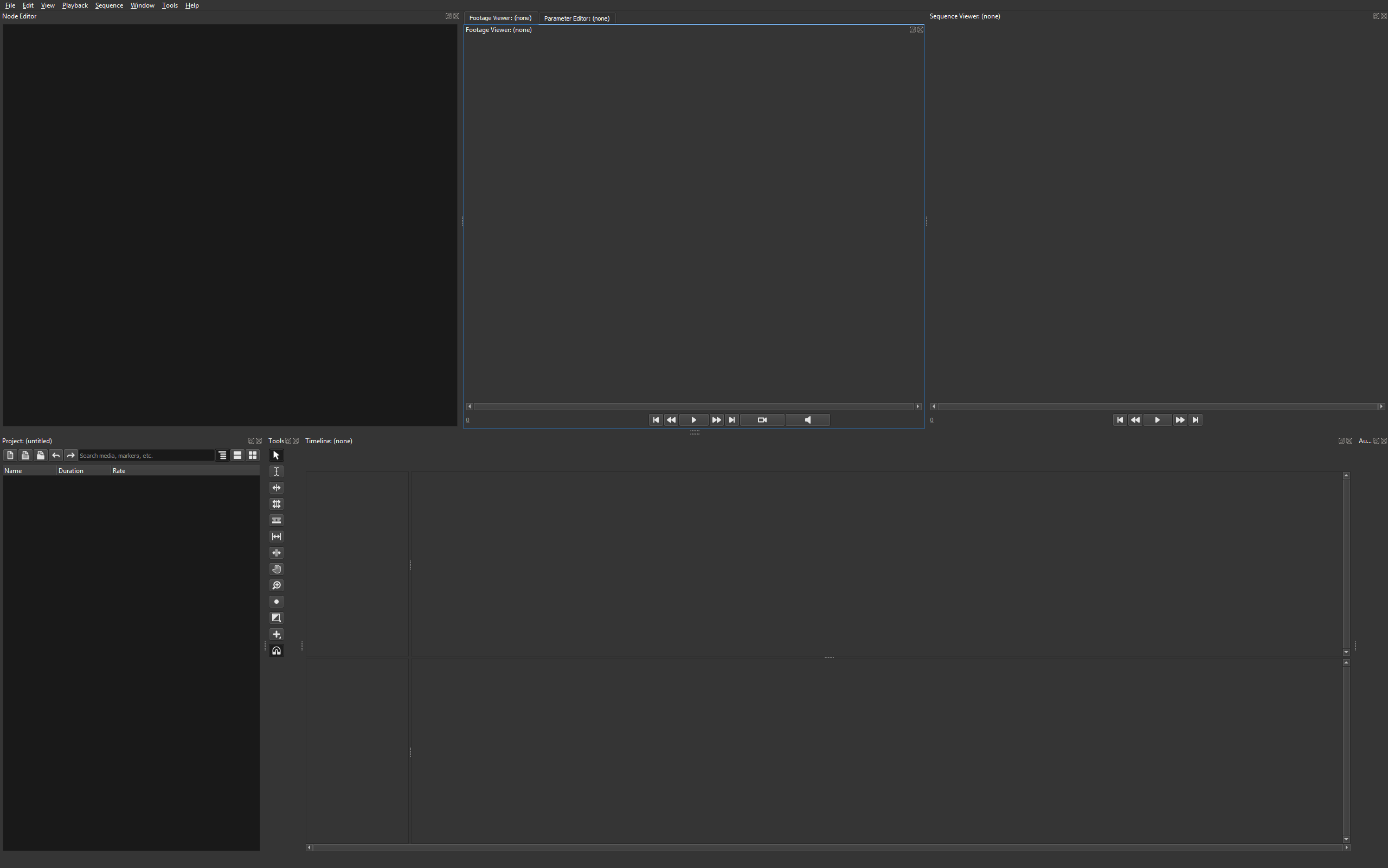 Olive Video Editor с пустым проектом, Footage Viewer, Parameter Editor, Sequence Viewer и Timeline