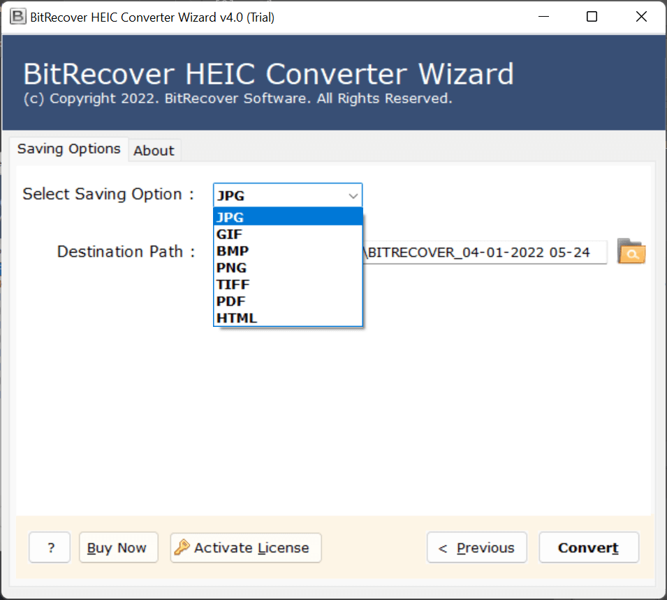 BitRecover HEIC Converter Wizard: PDF в списке Saving Option