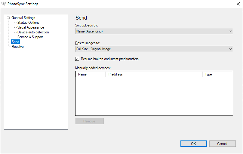 Настройки отправки в PhotoSync Companion для Windows