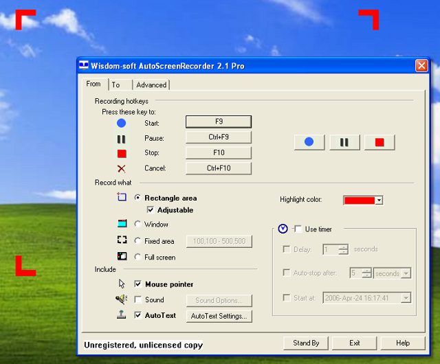 AutoScreenRecorder 2.1 Pro с режимом Rectangle area, горячими клавишами, таймером и параметрами Mouse pointer