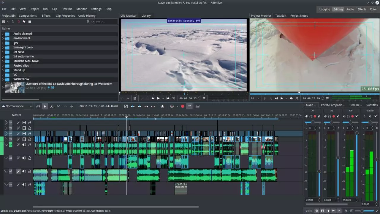 Интерфейс Kdenlive для монтажа видео