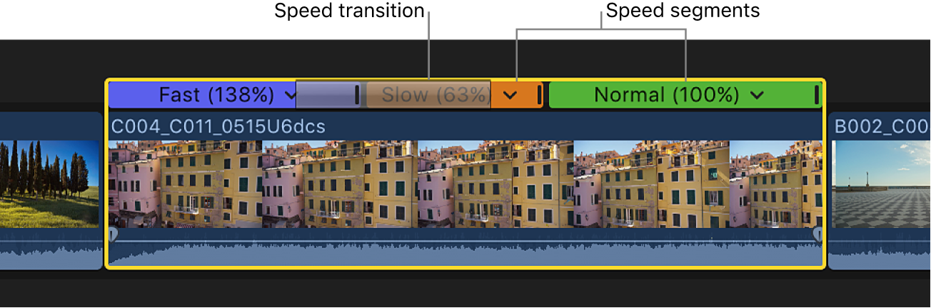Редактор Retime в Final Cut Pro с сегментами разной скорости