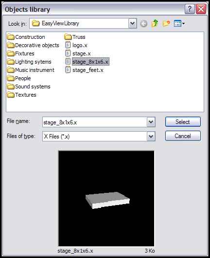 Окно Objects library Magic 3D Easy View с X-файлами и кнопкой Select
