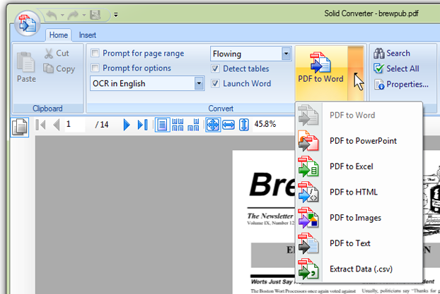 Интерфейс Solid PDF Tools для преобразования PDF в текст