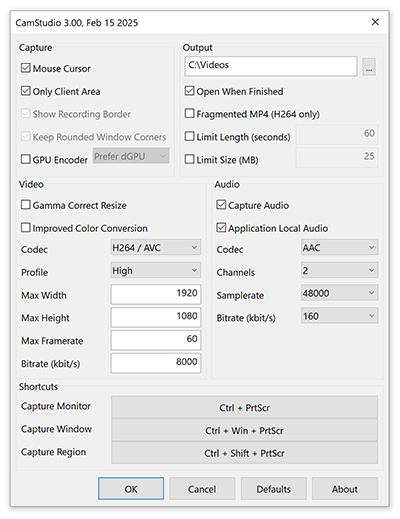Окно CamStudio 3 с настройками Capture, Output, Video, Audio и Shortcuts