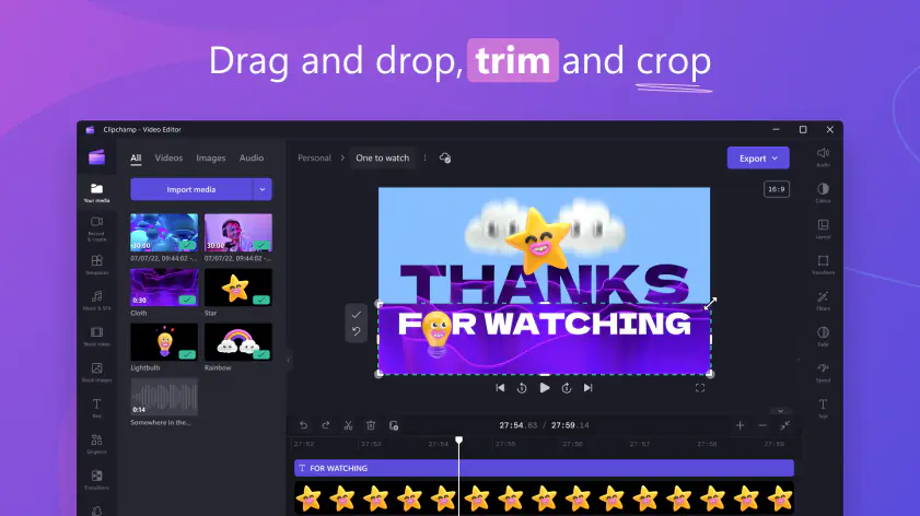 Интерфейс Clipchamp с зелёным экраном