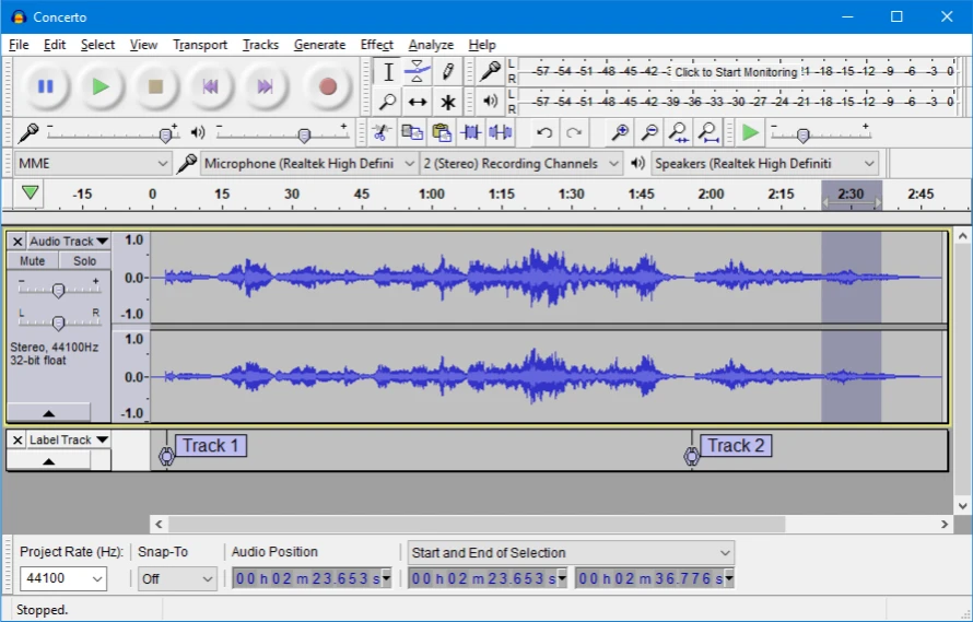 Пример рабочего окна Audacity с волновой формой