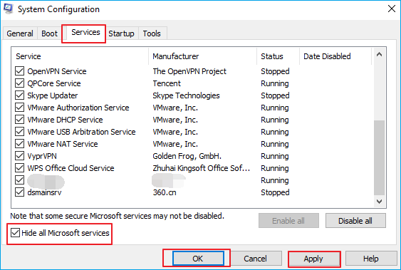 Вкладка служб при подготовке чистой загрузки Windows