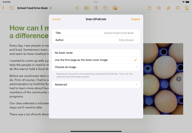 Pages на iPad: окно Enter EPUB Info с названием, автором и настройкой обложки