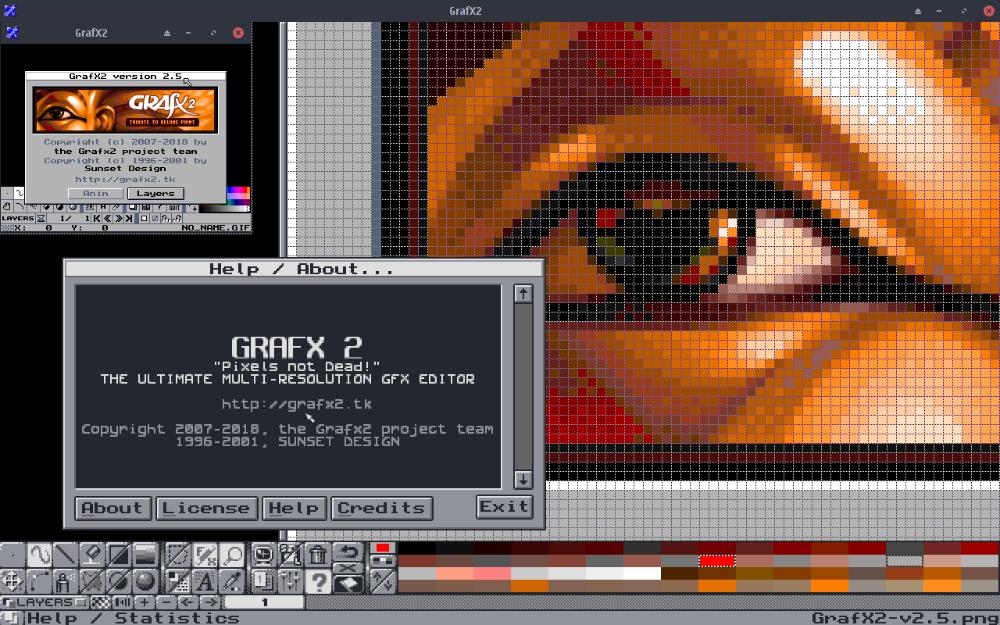 Окно Drawing modes (effects) в GrafX2 с переключателями Shade, Q-shade, Stencil, Mask, Grid, Snap, Tilemap и Tiling