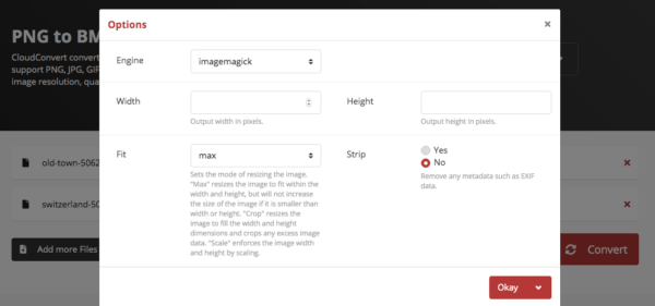 Окно Options CloudConvert при PNG в BMP