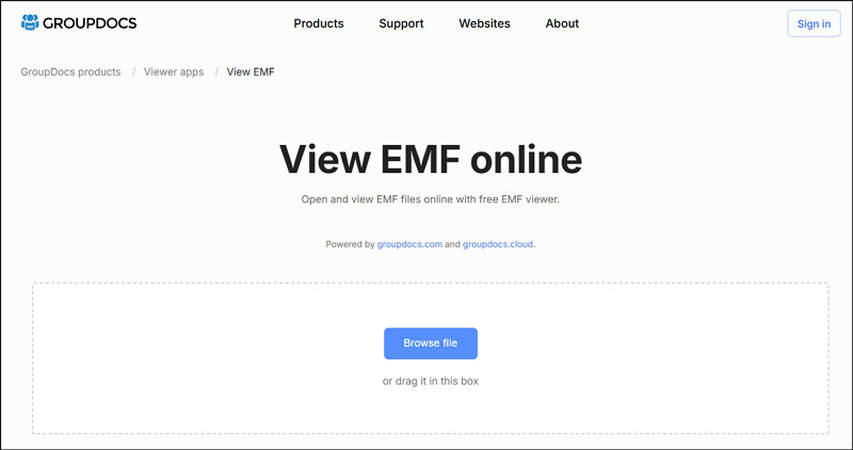 Интерфейс GroupDocs для просмотра EMF с кнопкой Browse file