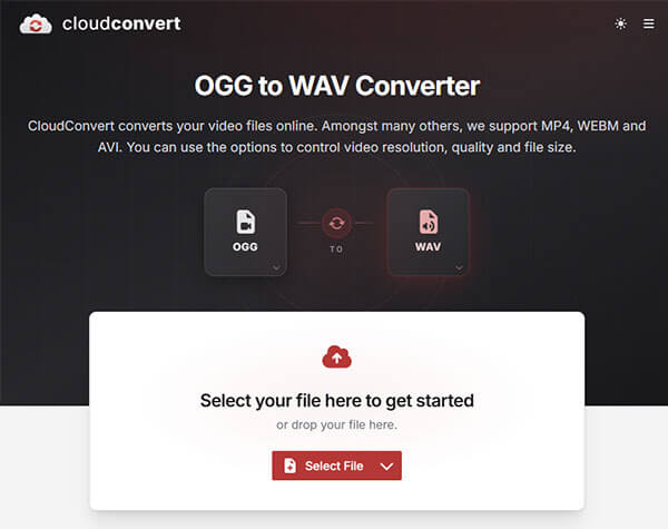 Интерфейс CloudConvert при преобразовании OGG в WAV
