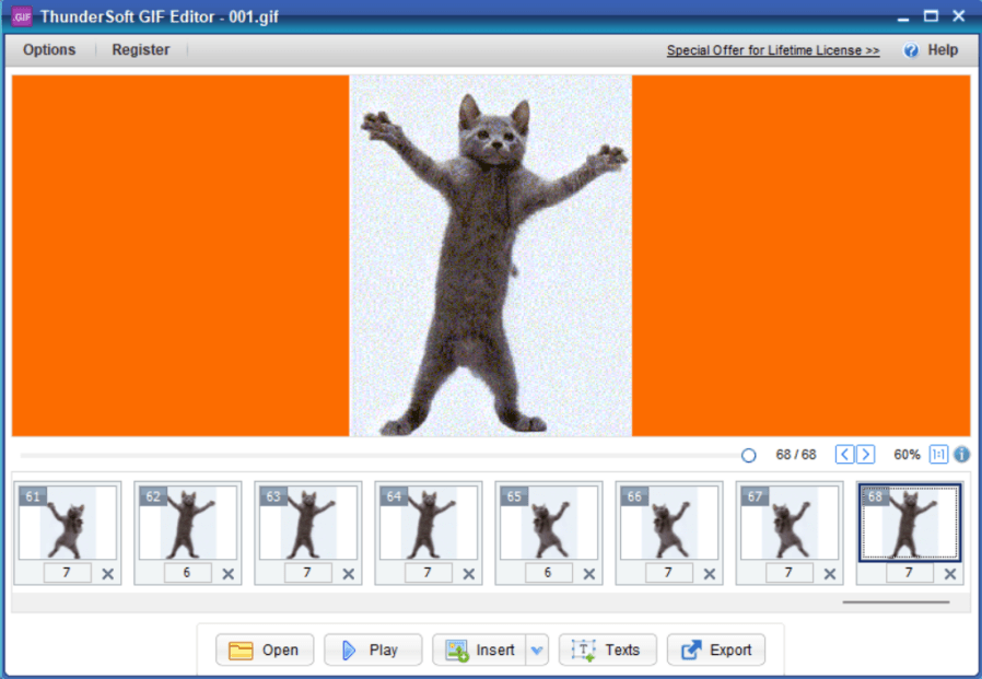 Покадровый интерфейс ThunderSoft GIF Editor с кнопками Insert, Texts и Export