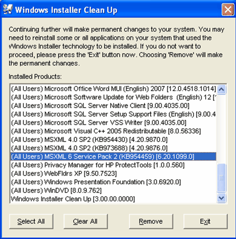 Windows Installer CleanUp Utility в сценарии выбора MSI-записи MSXML перед нажатием Remove