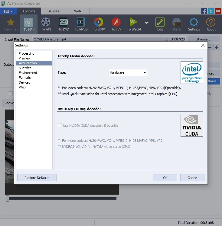 Окно Settings в AVS Video Converter с параметрами Intel Media decoder и NVIDIA CUDA decoder