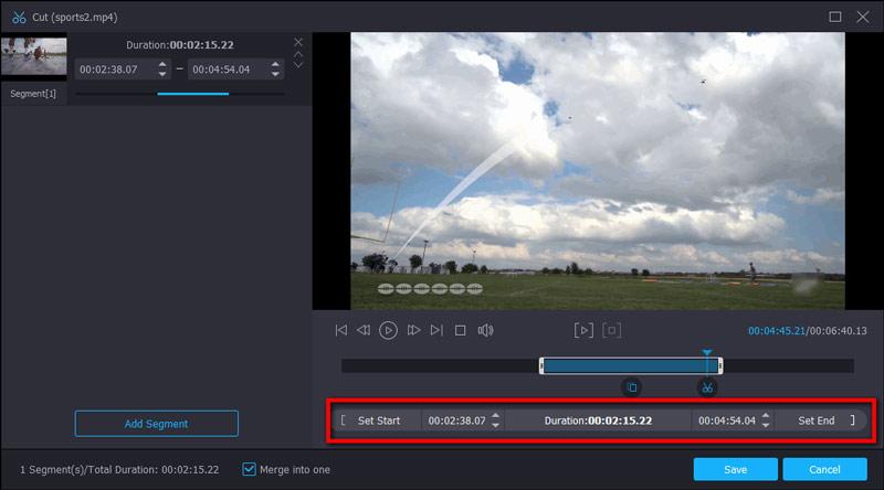 Обрезка фрагмента по началу и концу в Vidmore Video Converter