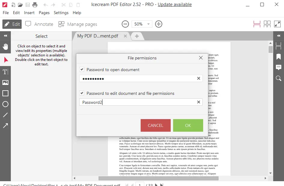 Icecream PDF Editor: окно File permissions с паролем открытия и редактирования